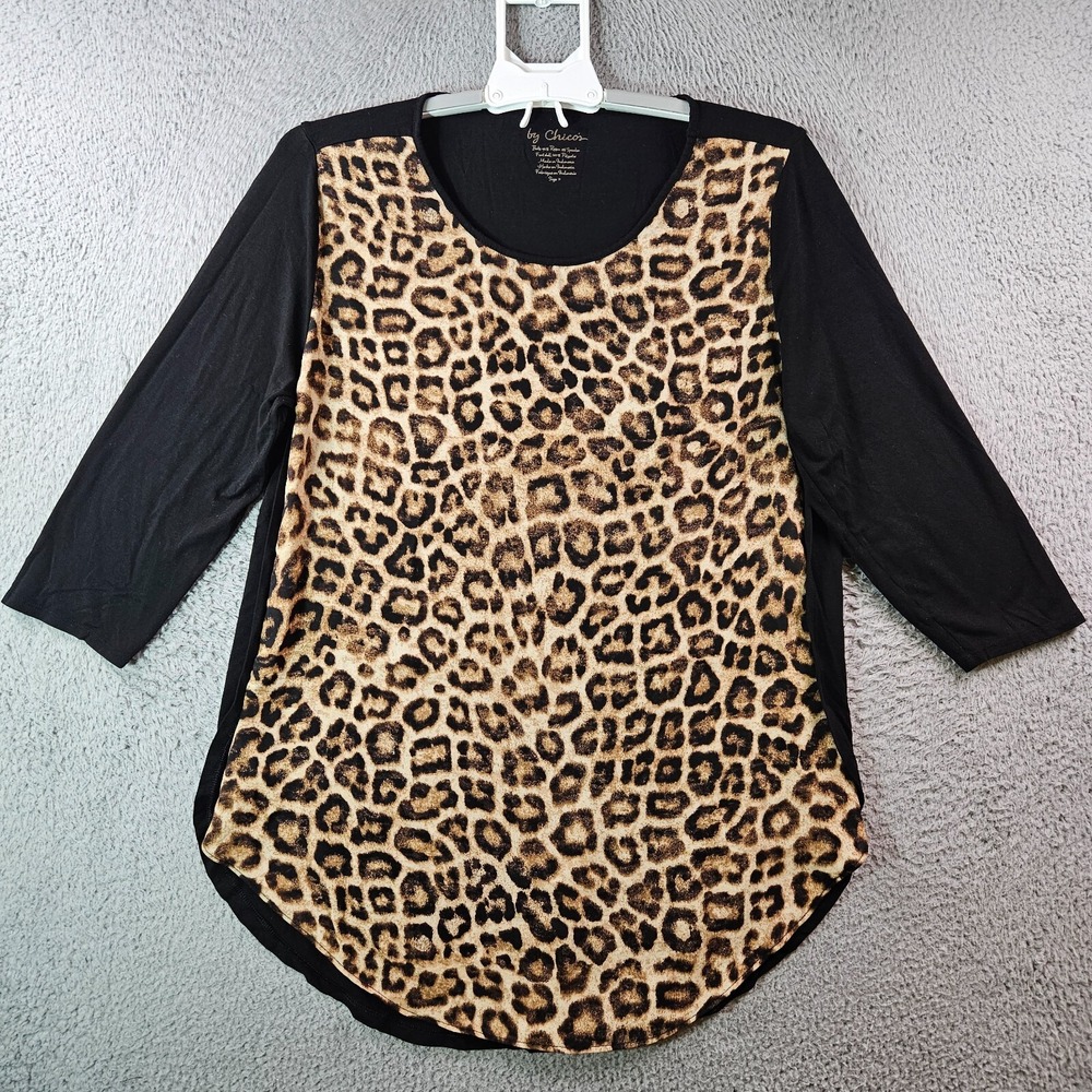 By Chico's Tunic‎ Top women Size 2 Tiger Print 3/4 Sleeve Brown Black